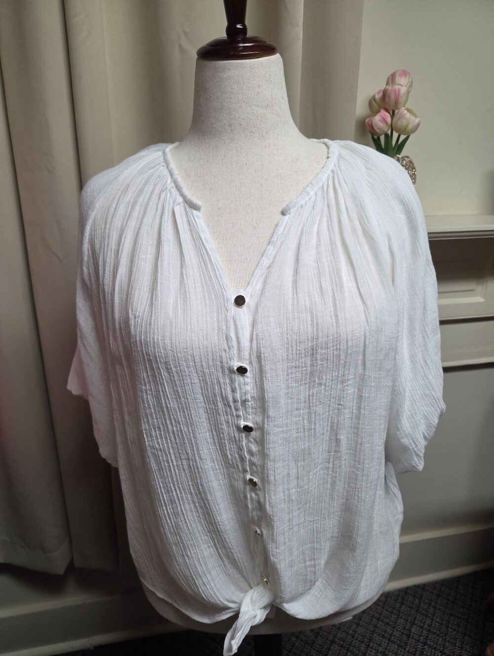 Zac & Rachel Women's White Button-Front Tie-Hem Gauze Shirt Size 1X